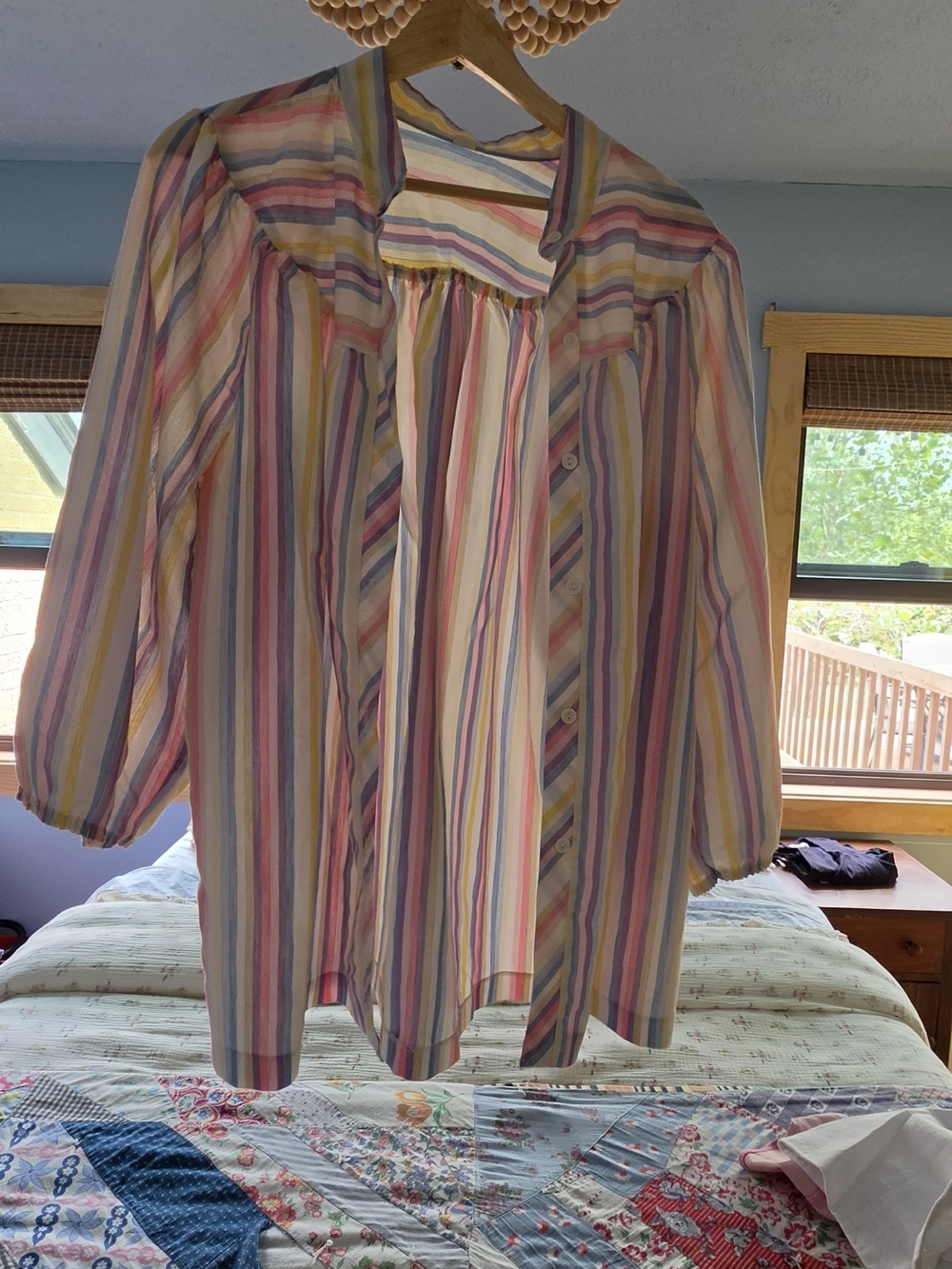 Vintage Pastel Striped Button-Down Shirt in Pink, Blue & Yellow
